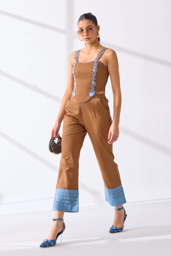 Tan Corset and Straight Trousers Co-ord Set with Denim Hem — Our Love