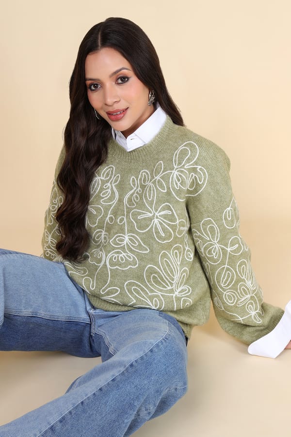 Green Abstract Line-Art Floral Crew Neck Sweater — HATUN ATILA