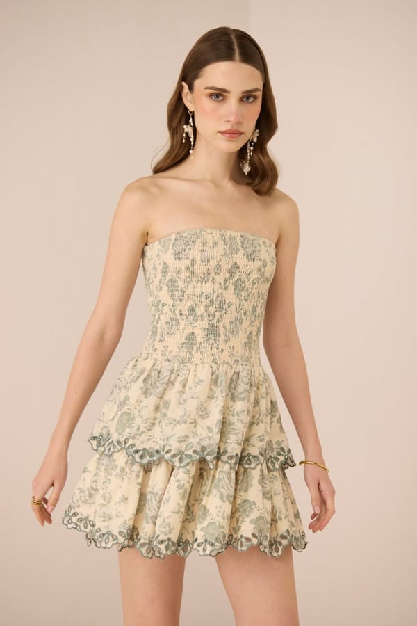 Wildflower Sage Strapless Smocked Tiered Mini Dress — Calling June