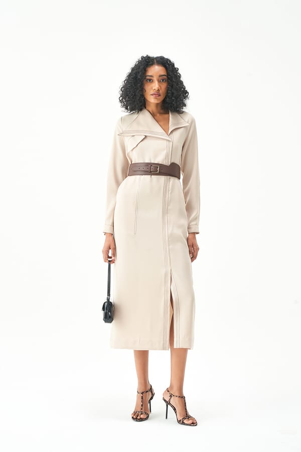Sand Japanese Crepe Belted Midi Dress with Lapel Collar — NOTEBOOK