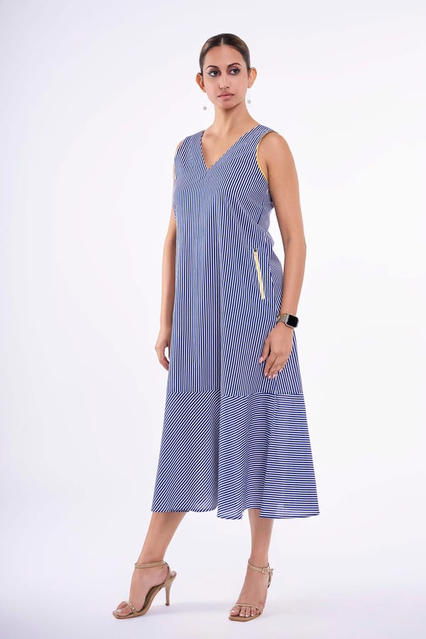 Blue and White Striped Sleeveless V-Neck Midi Dress — KOR