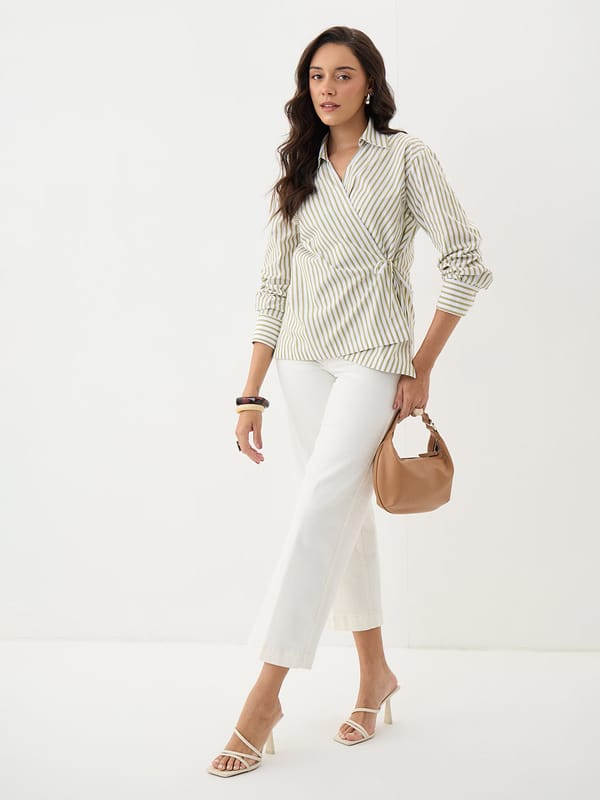Olive Stripe Asymmetric Wrap Top — Femmella