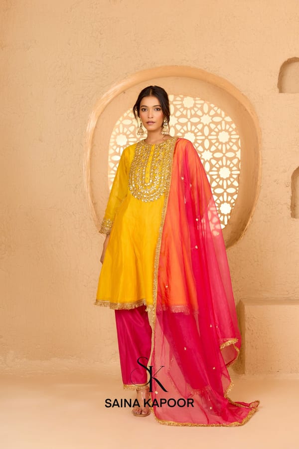 Yellow Cotton Chanderi Short Anarkali — SAINA KAPOOR