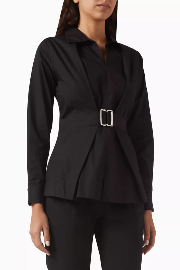 Black Cotton Poplin Belted Waist Shirt — NOTEBOOK