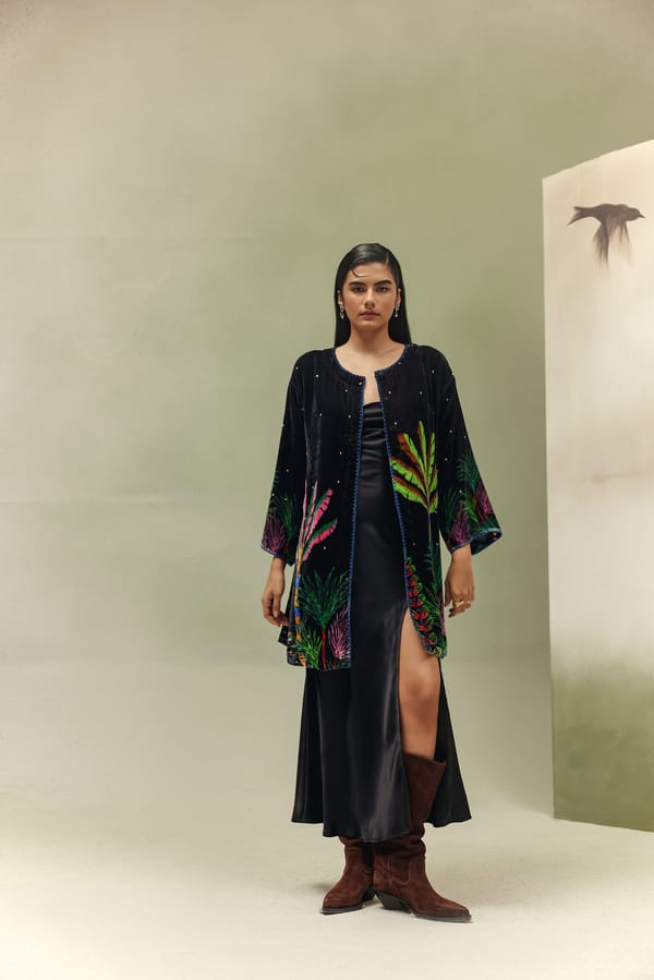 Black/Blue Viscose Velvet Tropical Print Poncho — SHOP NOIB