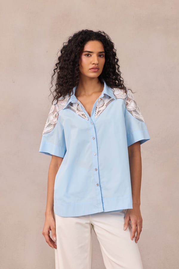 Frost Blue Cotton Poplin Shirt with Sheer Embroidered Yoke — 63East