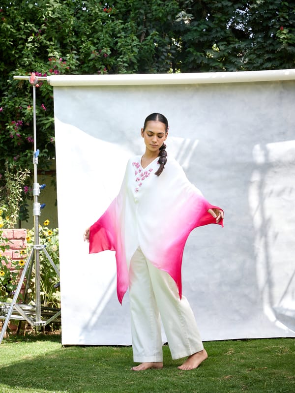 White/Pink Ombre Draped Cape Top with 3D Floral Neck — Vrinda Soni