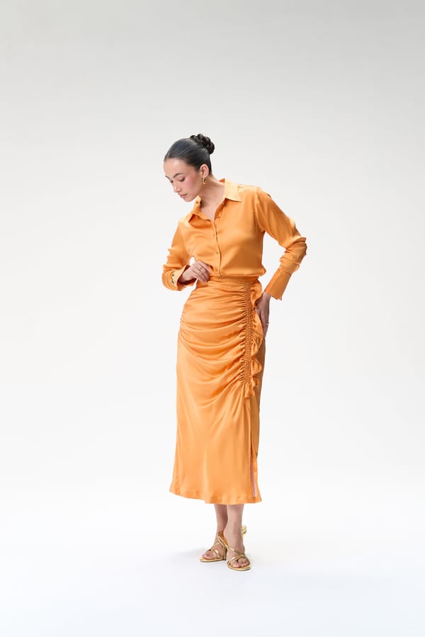 Coral Side Ruched Silk Skirt — Tara & I
