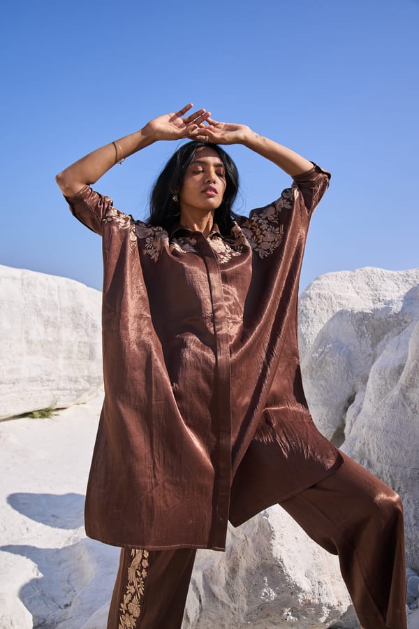 Coffee Oversized Longline Embroidered Shirt — Dash and Dot