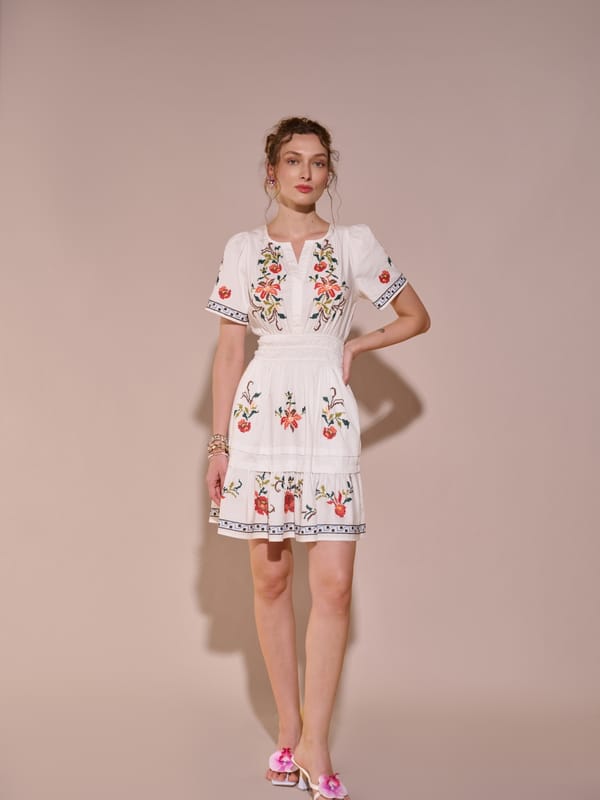 White Cotton Floral Embroidered Tiered Knee-Length Dress — Style Island