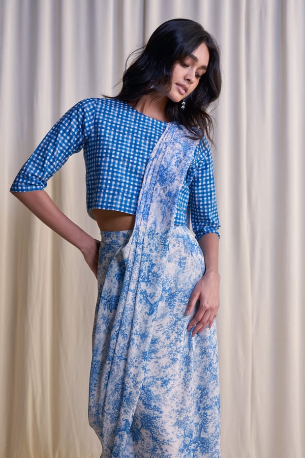 Linen Madras Check Print Top & Toile Print Sari Drape Skirt — Dash and Dot