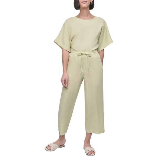Tea Green Linen Wide-Leg Cropped Drawstring Trousers — DKNY