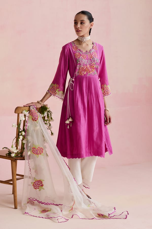 Pink Embroidered A-Line Kurta Set with Organza Dupatta — NIRVAIR CLOTHING