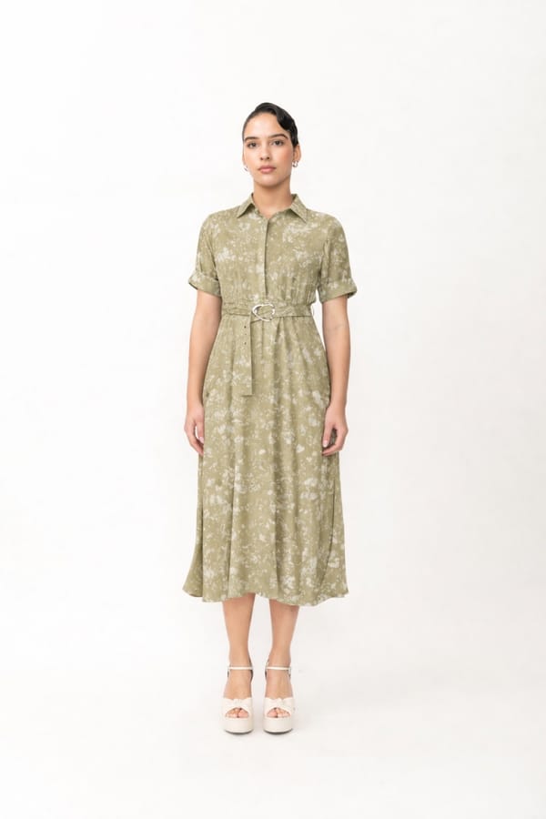 Olive Printed Belted Midi Shirt Dress — Contemponari