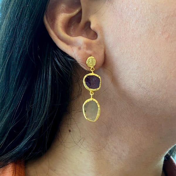 The Spirited Two Stone Gold Earrings with Amethys and Green Amethyst — Zariin