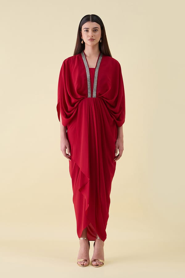 Red Metallic Drape Dress — Aakaar