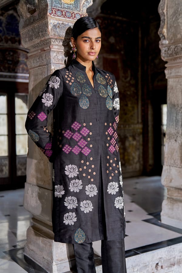 Black Brocade Embroidered Longline Top — Dash and Dot