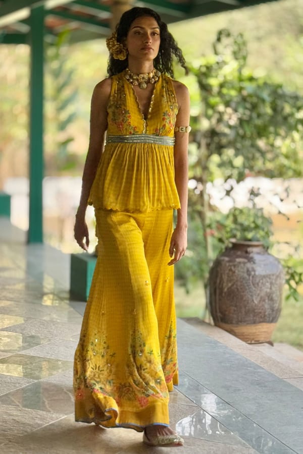 Mustard Chiffon Printed Peplum Top and Flared Pant Set — Basil Leaf