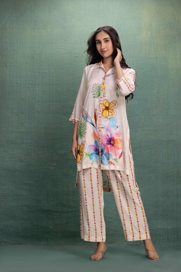 Beige Floral Printed Kurta and Pants Co-ord Set — Kahani Lush