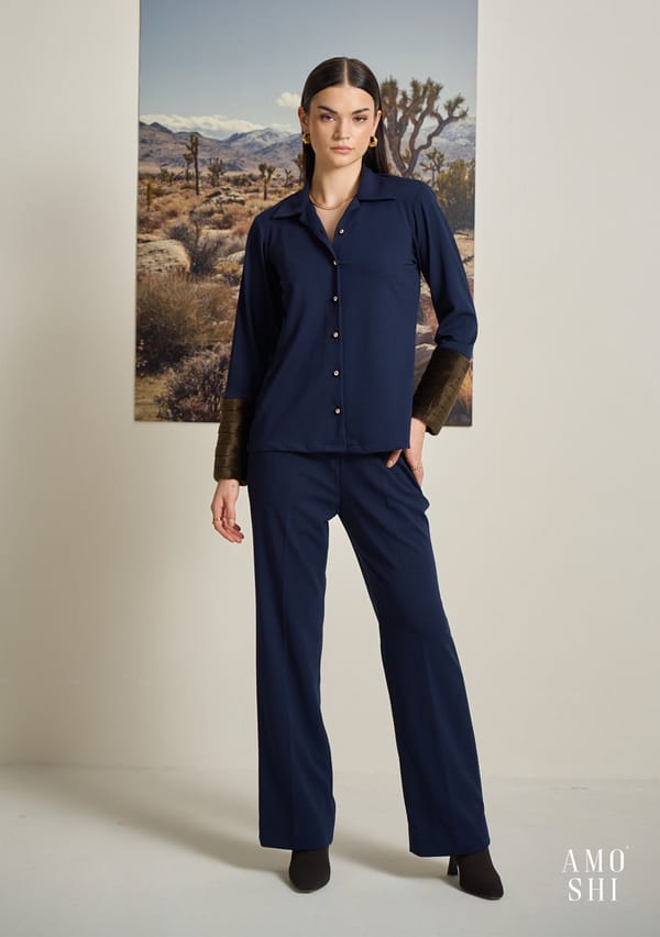 Navy Fur Cuff Shirt and Wide-Leg Trouser Co-ord Set — AMOSHI