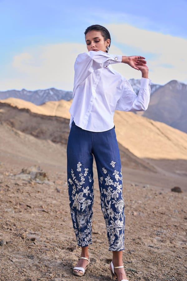 Indigo Barrel-Leg Denim Trousers with Floral Embroidery — Dash and Dot