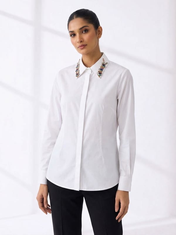 White Button-Down Shirt with Embellished Collar — ELENA MIRO