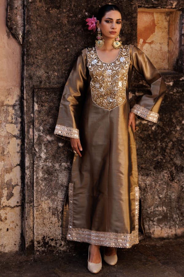 Brown Metallic Hand Embroidered Tissue Kaftan — Bannhi by Priyanka Rathore