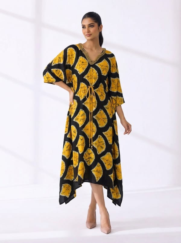 Mustard and Black Printed Satin Kaftan with Drawstring — 5 Elements