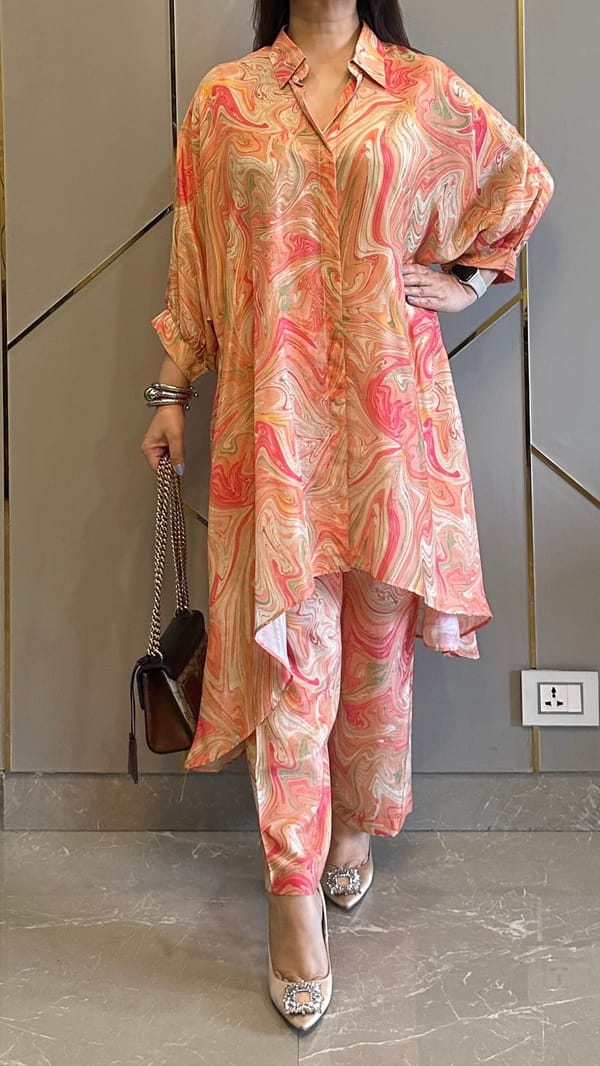 Peach Abstract Printed Muslin Co-ord Set with Wide-Leg Pants — Kylee Fashions