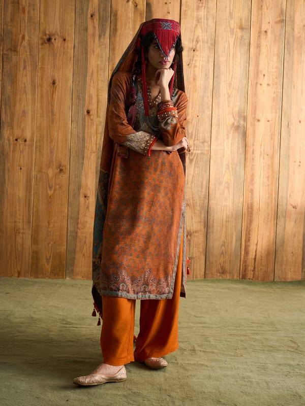 Rust Printed Straight Kurta Set with Dupatta — SAUNDH