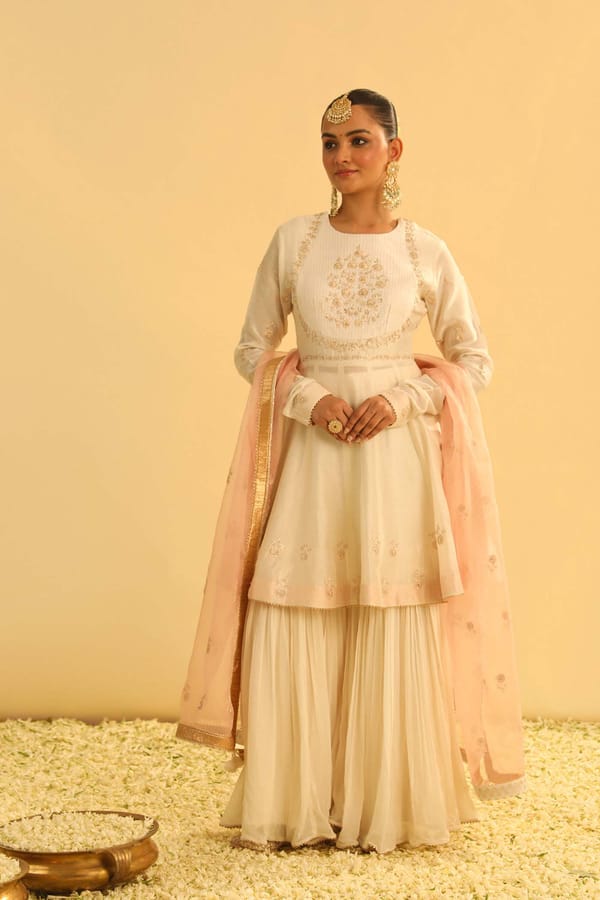 Daisy Ivory Peplum Kurta with Garara and Dupatta Set — Sheetal Batra