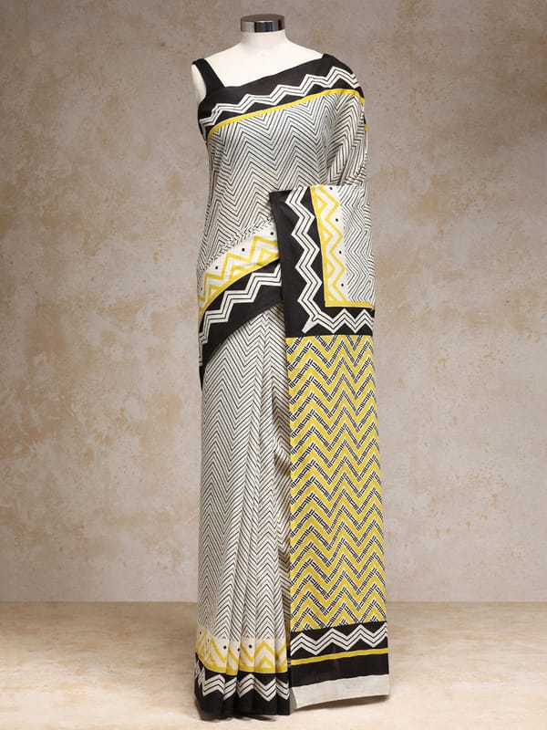 White Handblock Printed Chevron Zigzag Geometric — BINKS