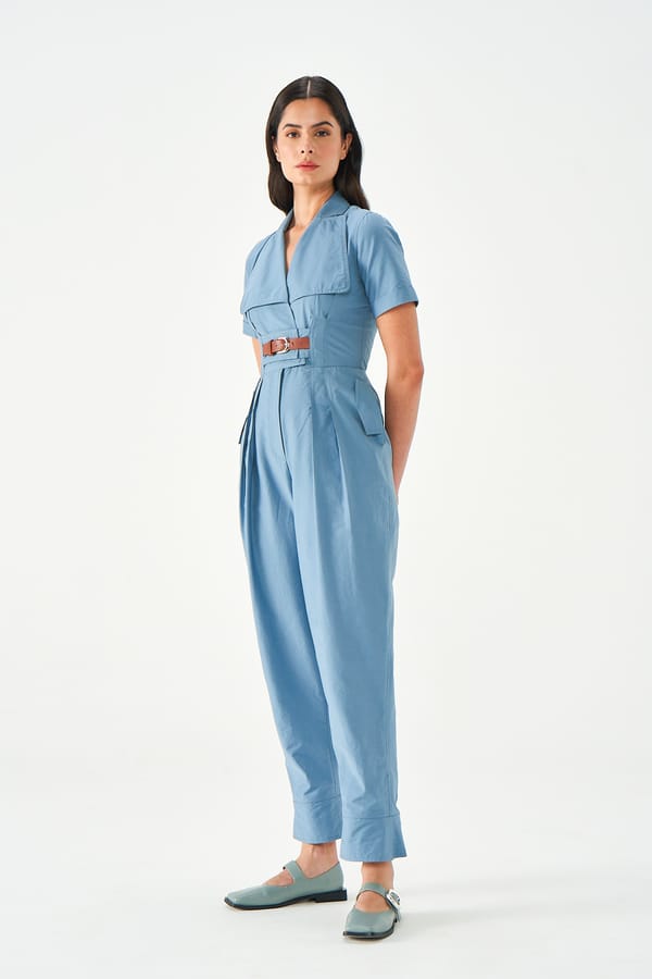 Stone Blue Cotton Belted Utility Jumpsuit — NOTEBOOK