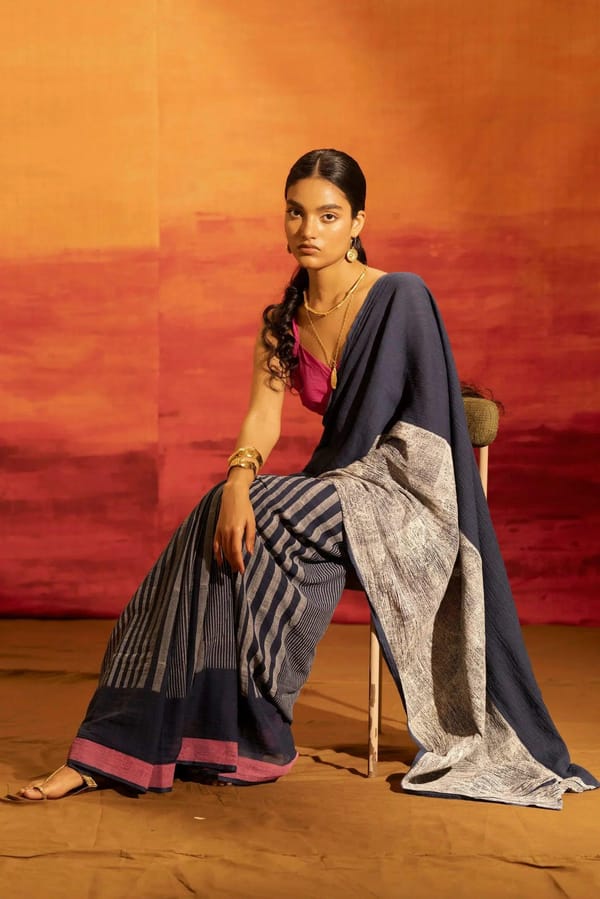 Illume luma Navy Saree with Crinkled Pallu — Banana Labs