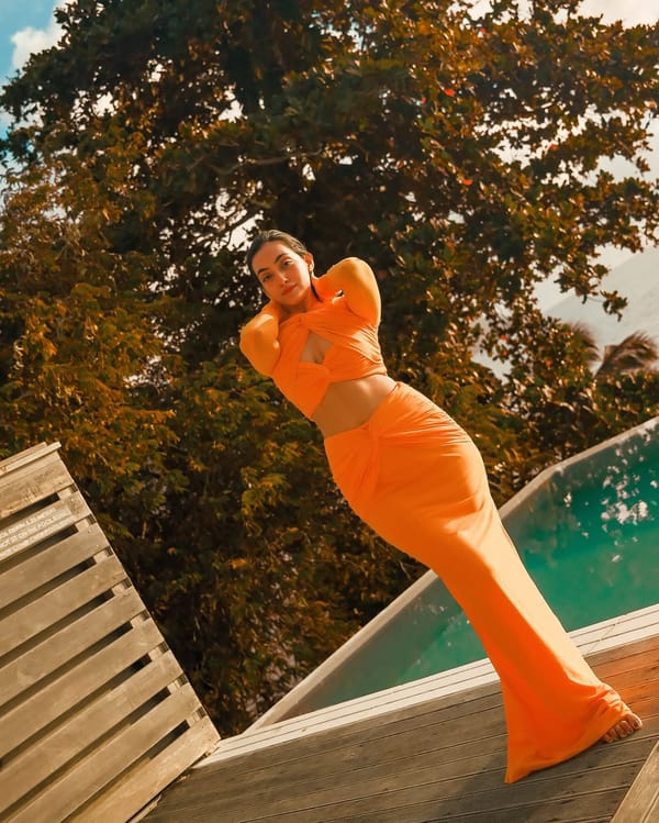 Orange Ruched High-Waist Mermaid Maxi Skirt — LABEL FROW