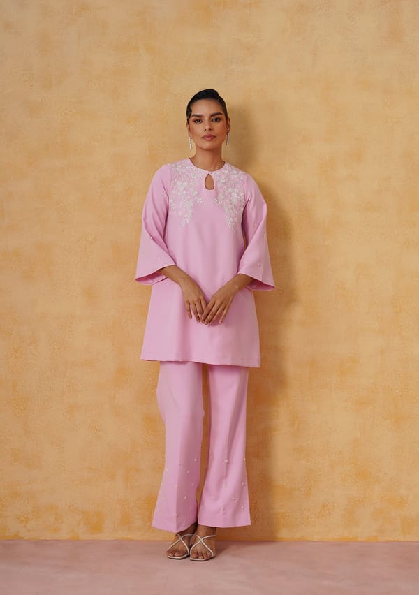 Baby Pink Embroidered Tunic and Wide-Leg Co-ord Set — AMOSHI