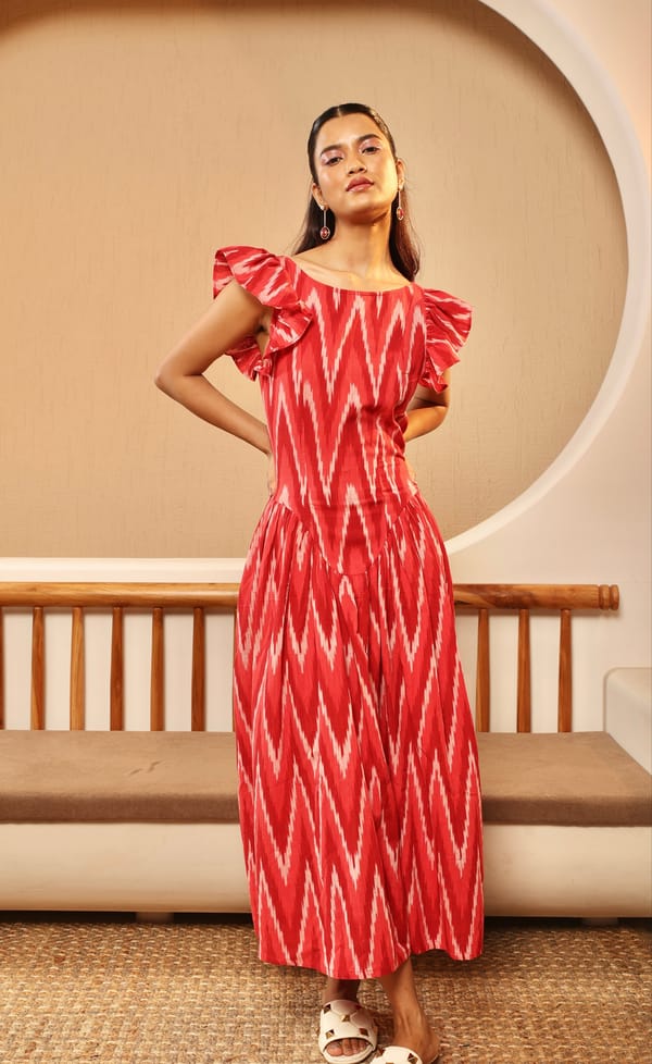 Red and Pink Ikat Chevron Ruffle Sleeve Midi Dress — MANVI DAGA STUDIO