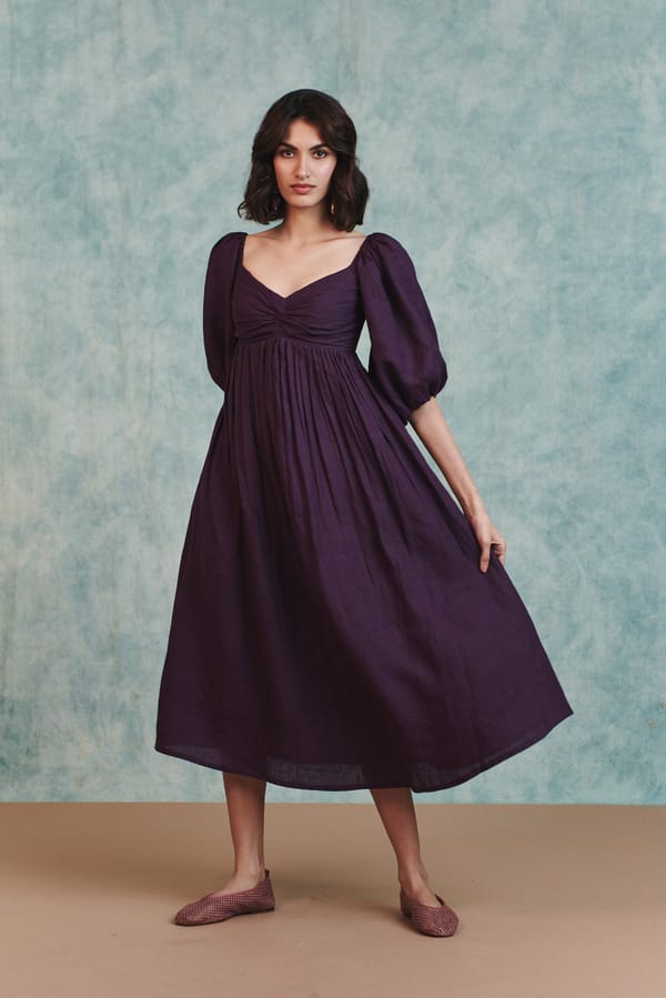 Plum Linen Front Twist Dress — Saphed