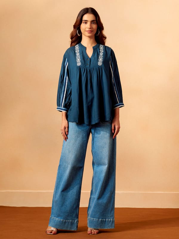 Classic Blue Rayon Slub Comfort Fit Top — Truly SMA