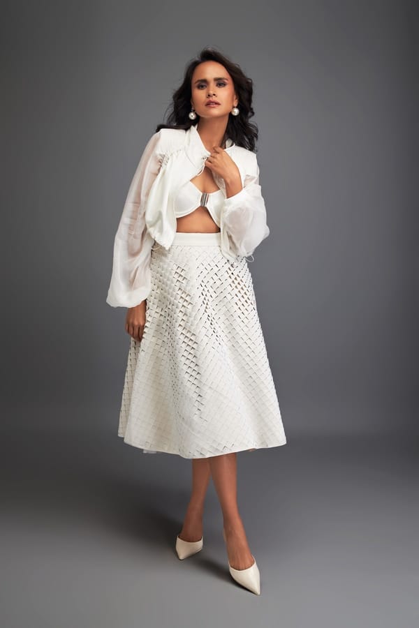 Cropped Jacket and 3D Textured A-Line Skirt Ensemble — Deepika Arora