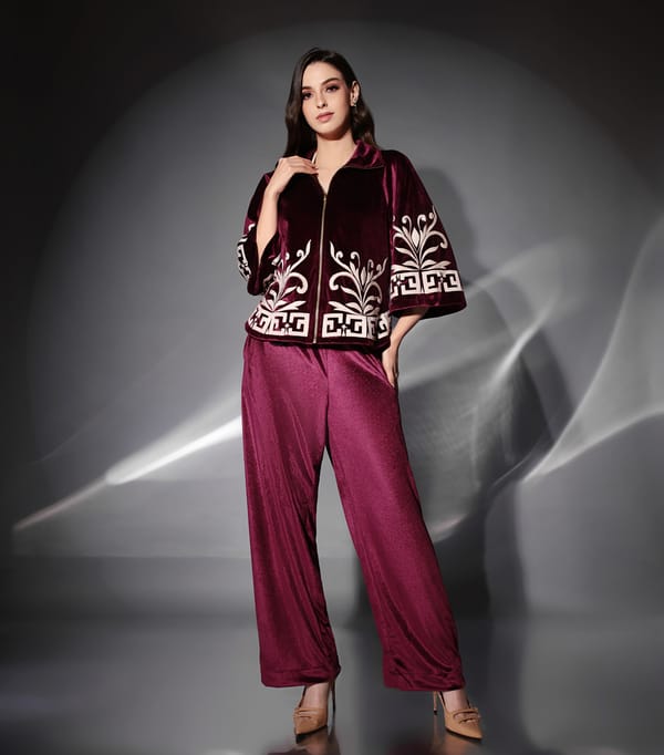 Wine Velvet Zip-Front Jacket and Wide-Leg Co-ord Set — RUCHIKA  MALLIKA LABEL