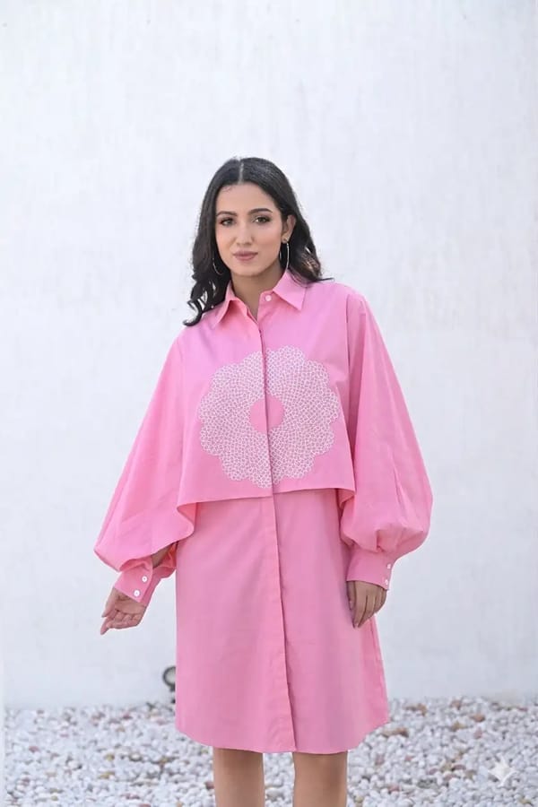 Powder Pink Printed Shirt Dress with Balloon Sleeves — RUCHIKA MALLIKA LABEL