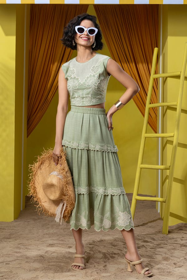 Sage Green Linen Embroidered Top and Tiered Skirt Co-ord Set — BOHO-CHIC
