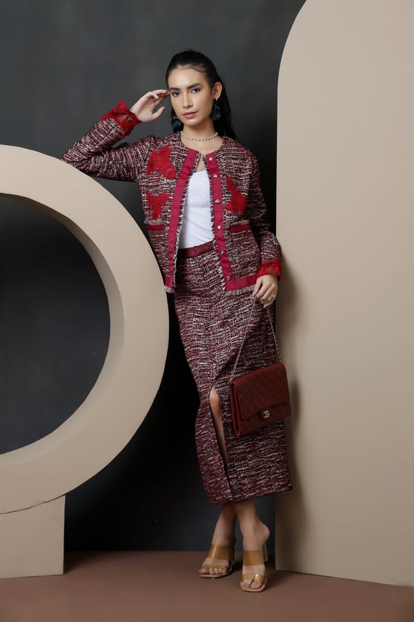 Burgundy Bouclé High-Waist Maxi Pencil Skirt with Slit — Rhe-Ana