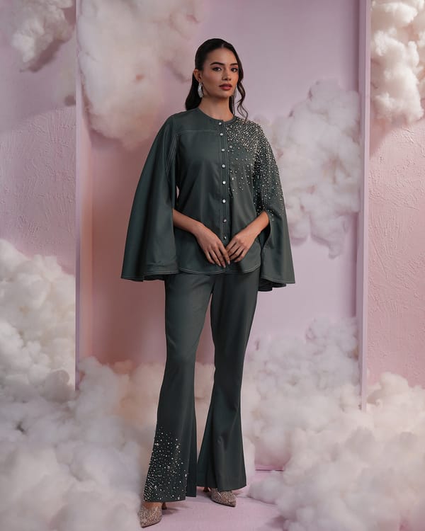 Bottle Green Embellished Cape Sleeve Co-ord Set — Simar Tuli