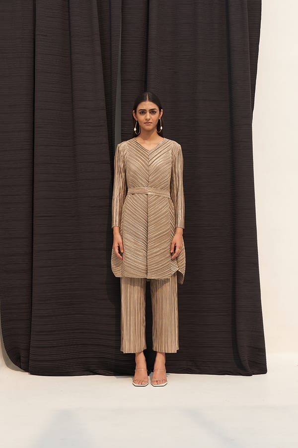 Pink Metallic Pleated Tunic and Culotte Co-ord Set — Pleats by Aruni
