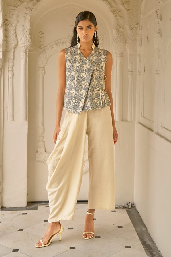Beige Wrap Waistcoat and Dhoti Drape Pant Co-ord Set — Dash and Dot
