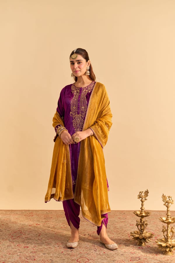 Deep Purple Silk Velvet A-Line Kurta with Dhoti Set — Sheetal Batra