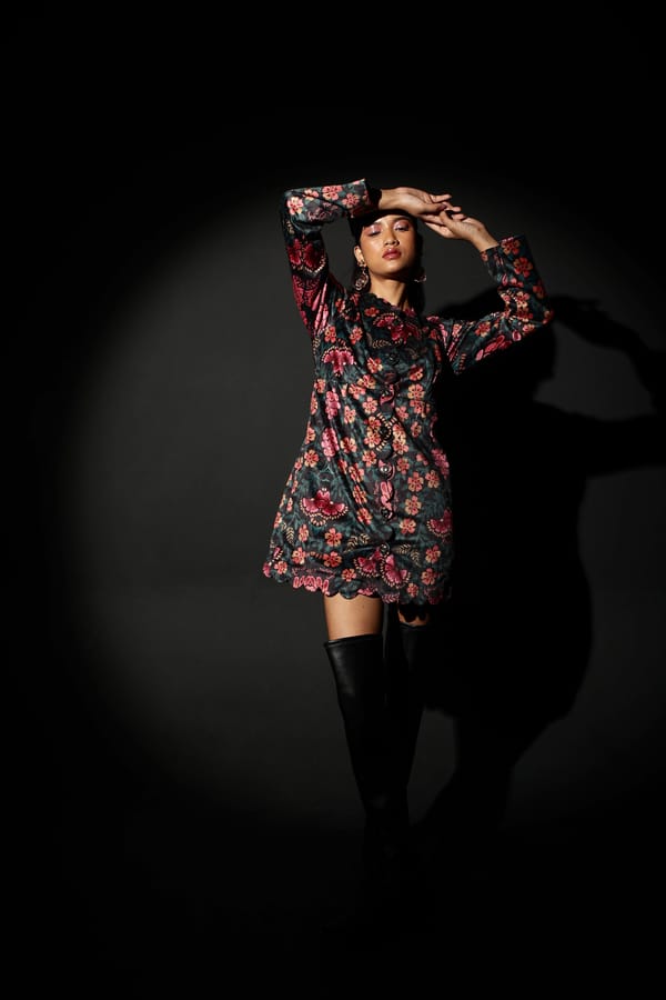 Black Velvet Floral Scalloped Button-Front Jacket — MANVI DAGA STUDIO