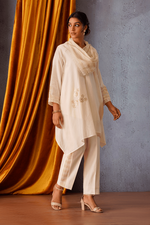 Sequin Flower Patch Embroidered Asymmetric Tunic with Cowl Neck — Omi Clothing